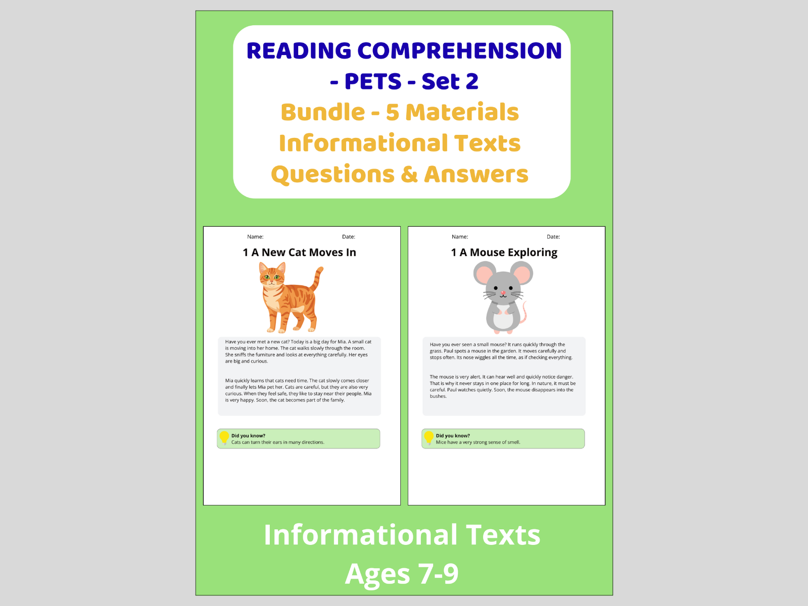 Reading Comprehension Pets - Bundle 5 Materials Informational Texts Set 2