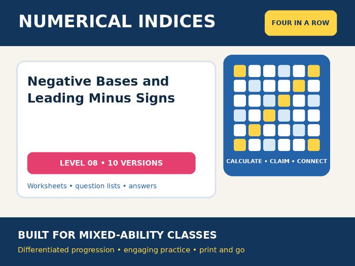 Numerical Indices – Negative Bases and Leading Minus Signs – Four in a Row – 10 Worksheets + Answers