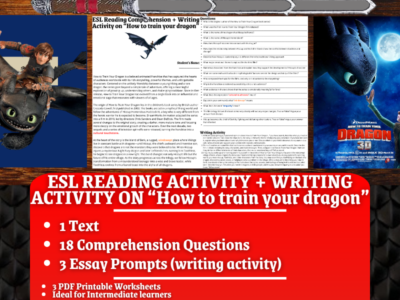 ESL Reading Comprehension + Writing Activity - How to train your Dragon