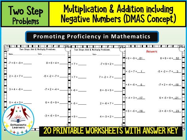 Two-Step Multiplication and Addition 鈥� Including Negative Numbers DMAS Worksheets Math Problems