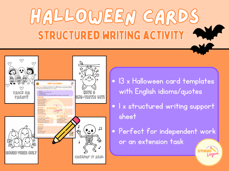 English/TEFL Halloween Cards | Structured Writing Activity | Printable PDF | KS2–KS3 TESOL Writing