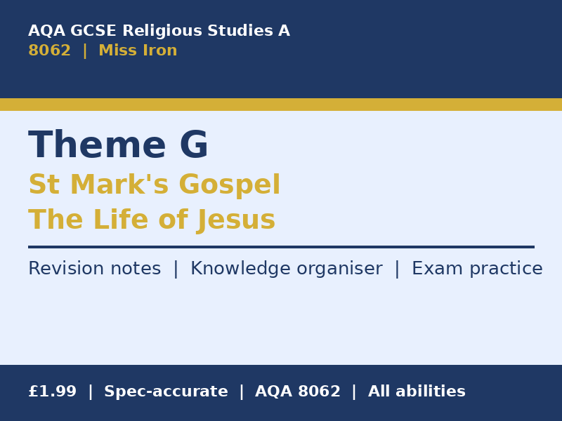 AQA GCSE Religious Studies A (8062) Theme G St Marks Gospel The Life of Jesus Revision Pack