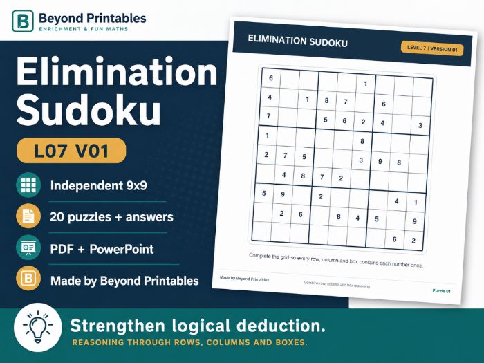 Elimination Sudoku Level 7 V1 | 20 Independent 9×9 Logic Puzzles with Answers