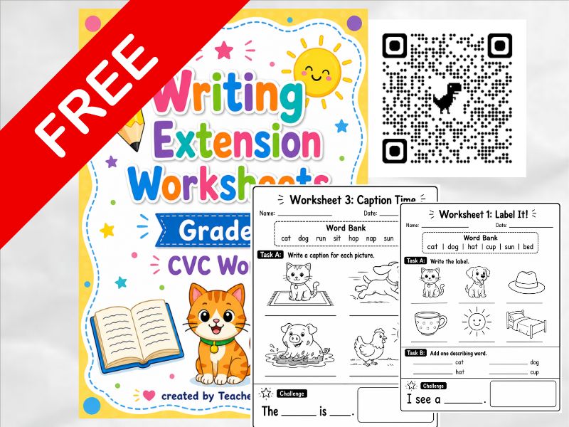 FREE Grade 1 CVC Writing Extension Worksheets | Sentence Writing Practice