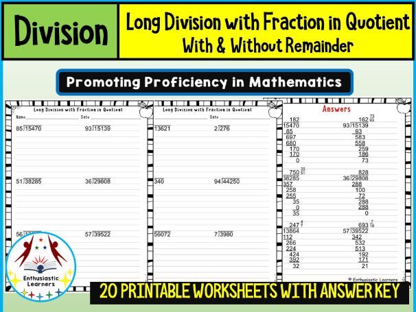 Long Division with Fraction in the Quotient Worksheets Math Problems