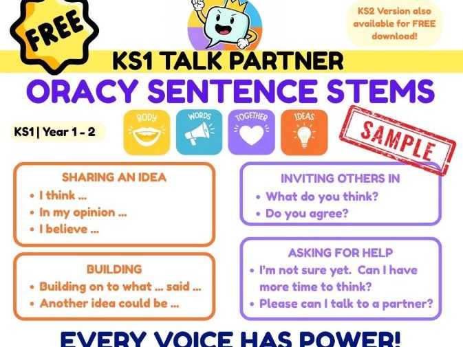 FREE KS1 Oracy Sentence Stems | Talk Partner Prompts | Speaking & Listening Discussion Mats