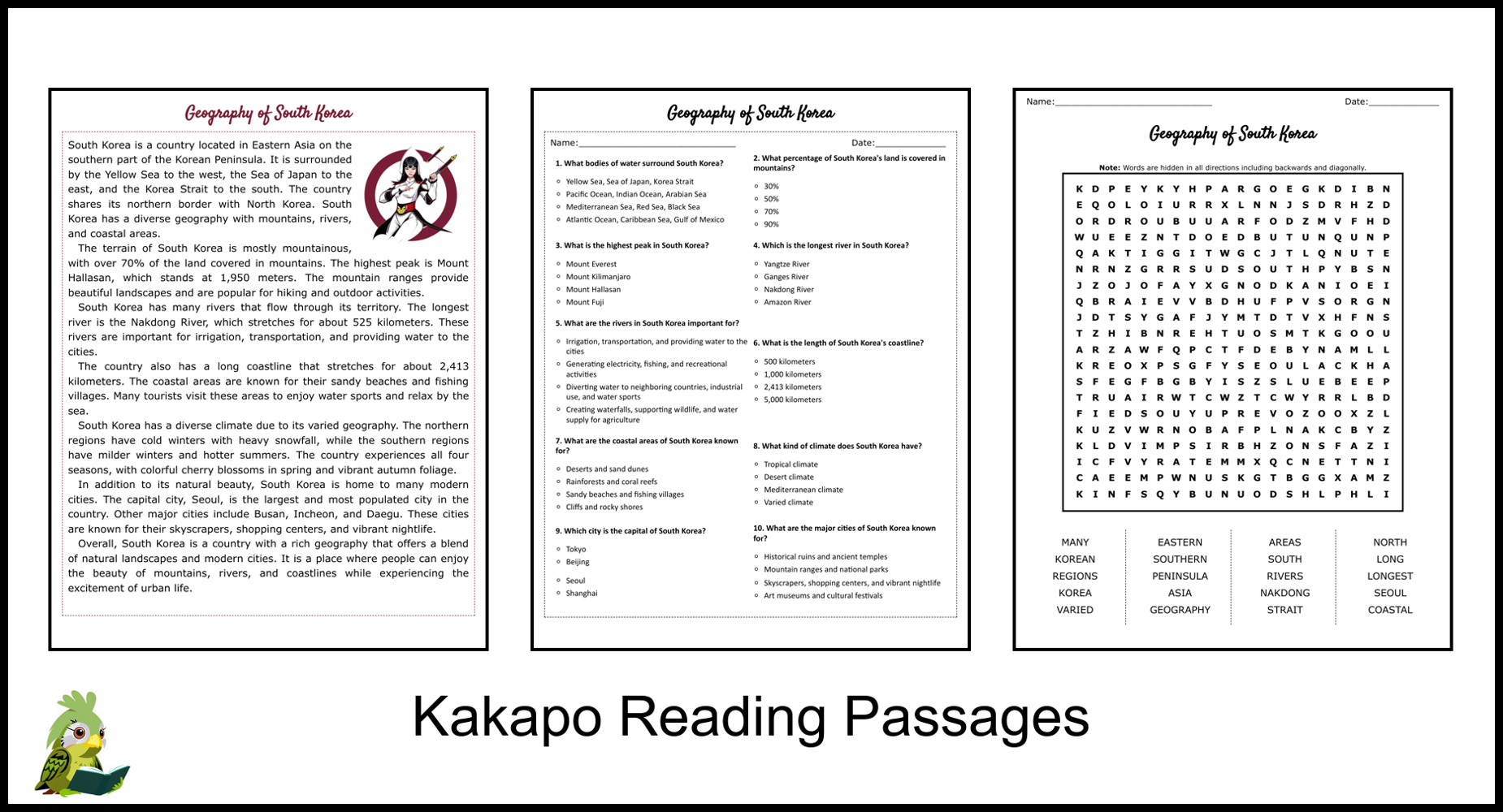 Geography of South Korea Reading Comprehension and Word Search ...