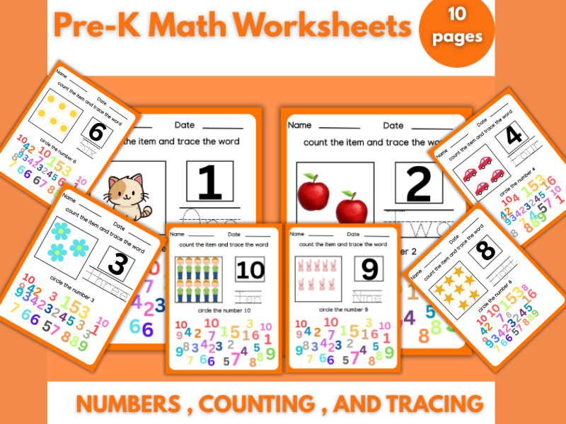 Pre-k Math Worksheet | Numbers , Counting and tracing.