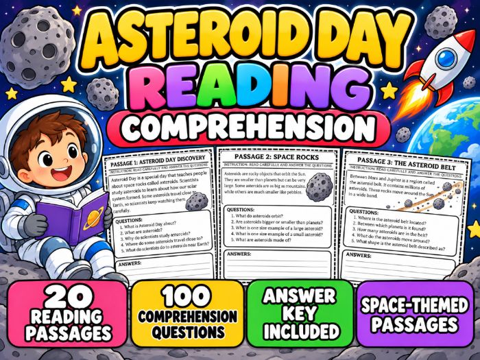 Asteroid Day Reading Comprehension Passages | Space-Themed Worksheets | 20 Passages