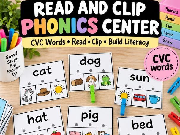 Read and Clip Phonics Center | CVC Words Literacy Center & Matching Activity