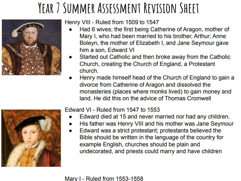 YR7 Tudor Religion Revision Sheet