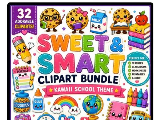 Smart Cookie School Clipart | Kawaii Classroom Clip Art | Back to School PNG