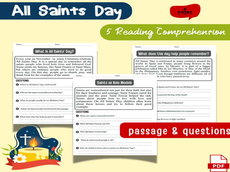 All Saints’ Day Reading & Questions worksheet | November Religious