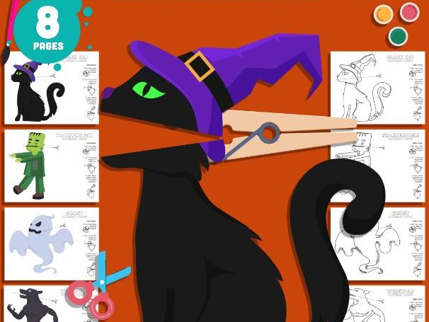 Halloween Clothespin Craft, Black Cat, Ghost, Frankenstein and Werewolf