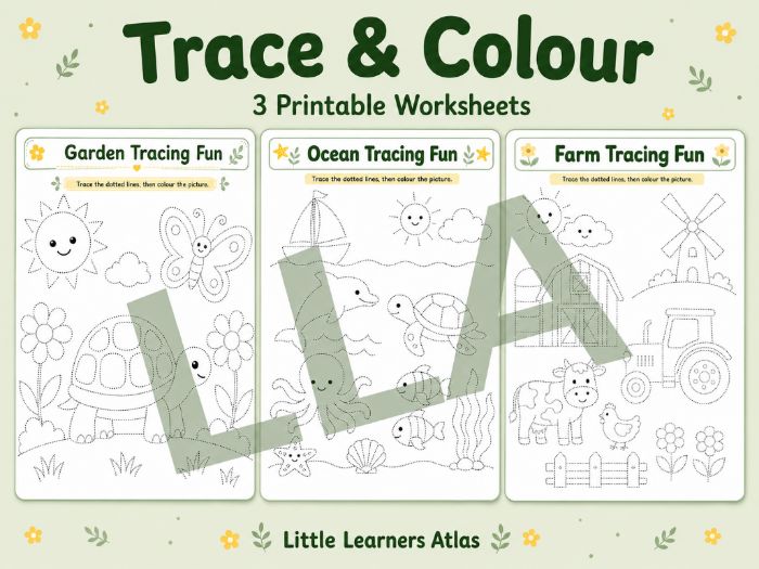 Preschool Tracing and Colouring Worksheets | Garden, Ocean & Farm | Fine Motor Activities