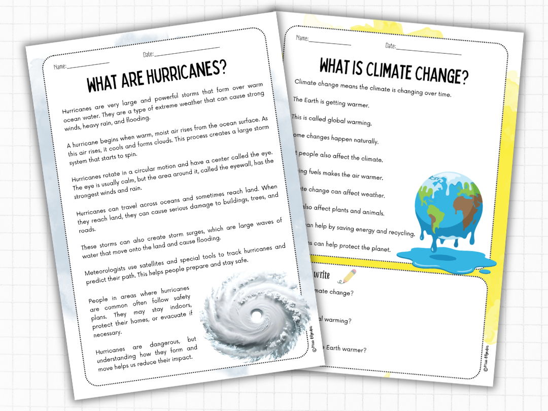 Weather, Climate & Natural Disasters Reading Comprehension Bundle (2 Levels) | ESL KS2 Science
