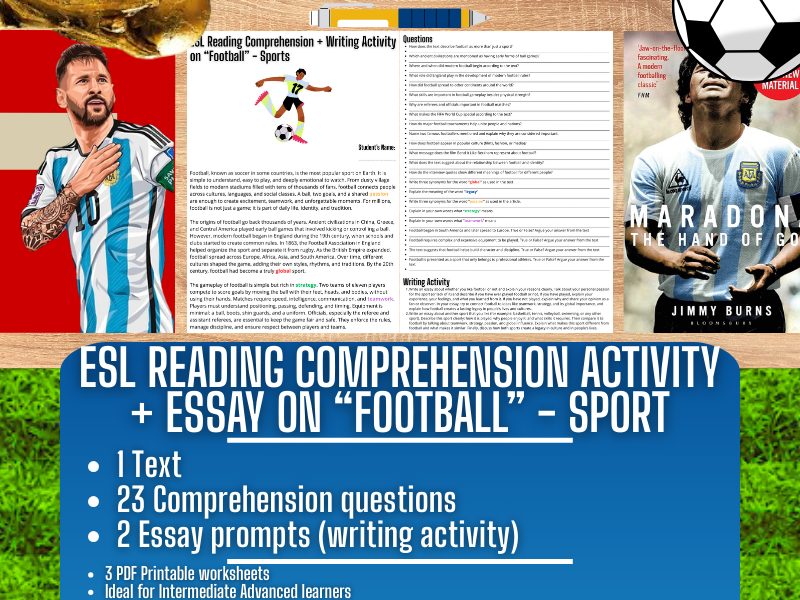 ESL Reading Comprehension + Writing Activity Worksheets on Football - Sports