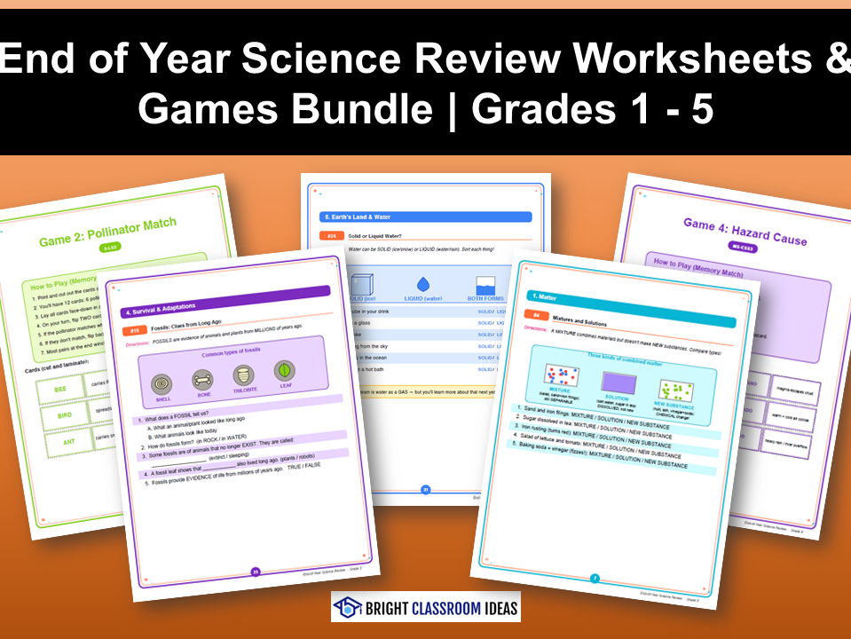 End of Year Science Review Worksheets & Games Bundle | Grades 1 - 5