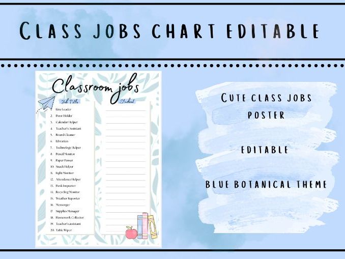 Classroom Jobs Chart | Editable Classroom Helper Display blue | EYFS KS1 KS2