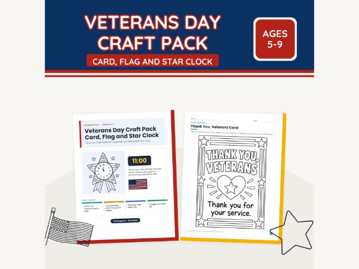 US Veterans Day Craft: Card, Flag and Clock