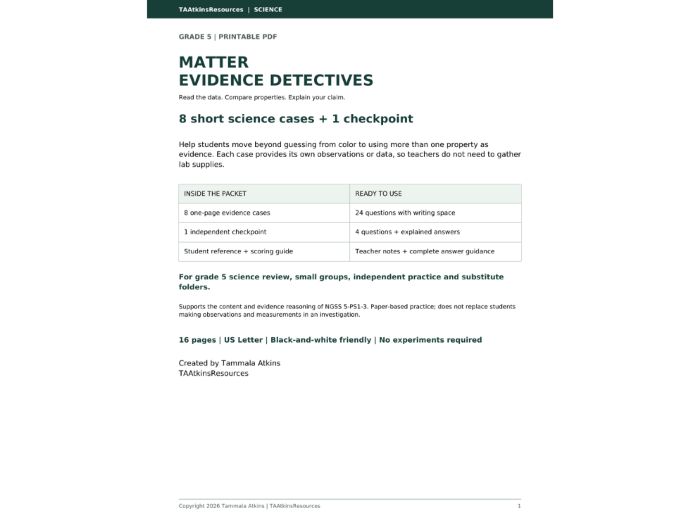 5th Grade Properties of Matter | 8 Evidence Cases + Checkpoint & Answer Keys