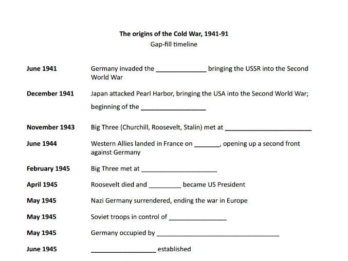 Gap-fill timelines - Superpower relations and the Cold War (Edexcel GCSE history)