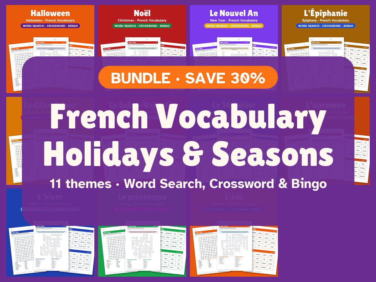 French Holidays & Seasons Bundle: Word Search, Crossword & Bingo (11 Themes)