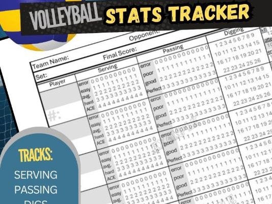 Volleyball Stats Tracker PDF | Track Serving Passing Hitting, Digging, Assists, & Blocking | 1 page