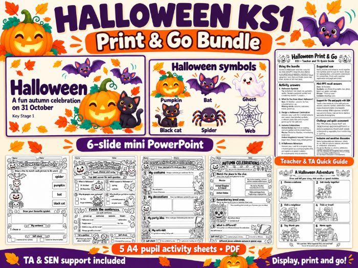Halloween KS1 - Print & Go Bundle | Mini PowerPoint + 5 Activity Sheet