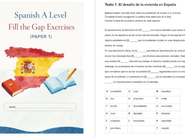 Spanish A Level Fill the Gap Exercises (Paper 1)  + Answers