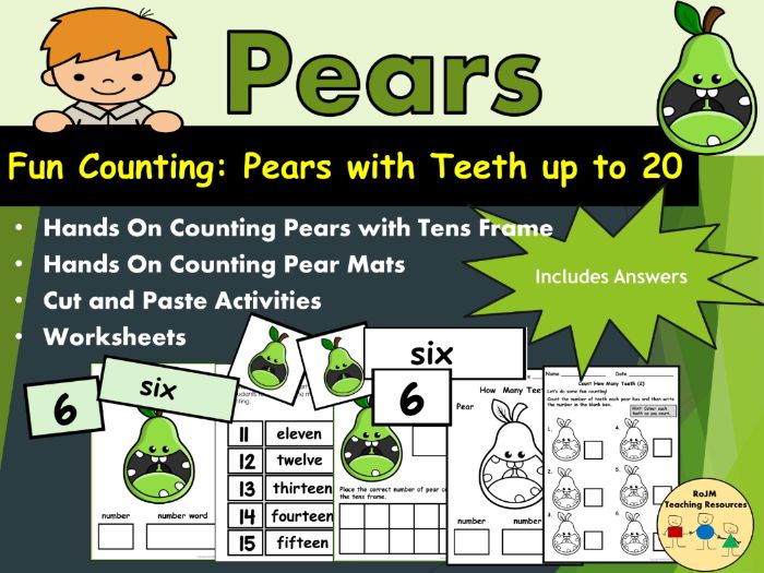 Pears Fruit Teeth Counting to 10 and 20 Tens Frames Mats Worksheet Activities