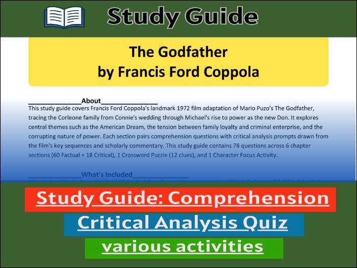 Study Guide for :The Godfather by Francis Ford Coppola  & Comprehension Test