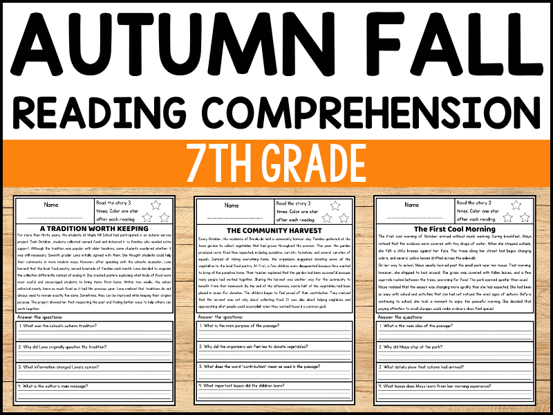 7th Grade Fall Reading Comprehension Passages and Questions Worksheets
