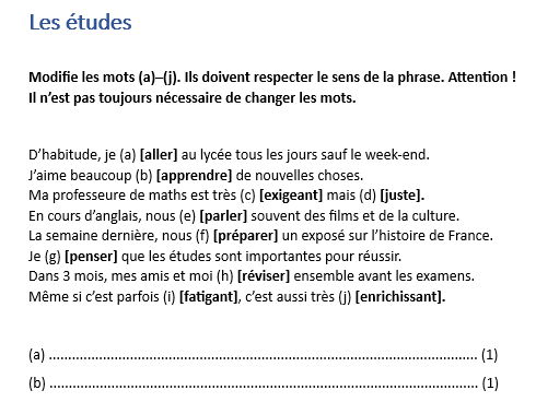 IGCSE EDEXEL French Grammar task: tenses, adjectival agreements booklet 3