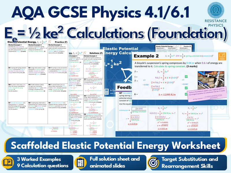 Foundation GCSE Elastic Potential Energy, Ee=½ke² - SLOP Calculations Worksheet with Answers