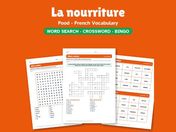 Food in French: Word Search, Crossword & Bingo