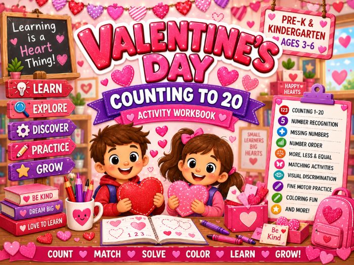 Valentine’s Day Math Worksheets | Counting to 20 & Number Sense Activities | Pre-K–Kindergarten
