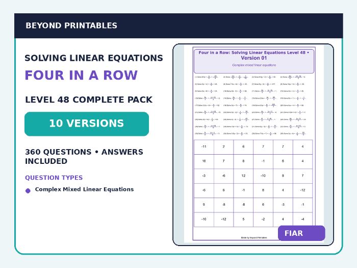 Solving Linear Equations Four in a Row | Complex Mixed Linear Equations : Level 48 | 10-Versions