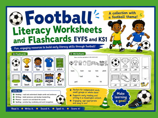 Football Literacy Worksheets + Flashcards