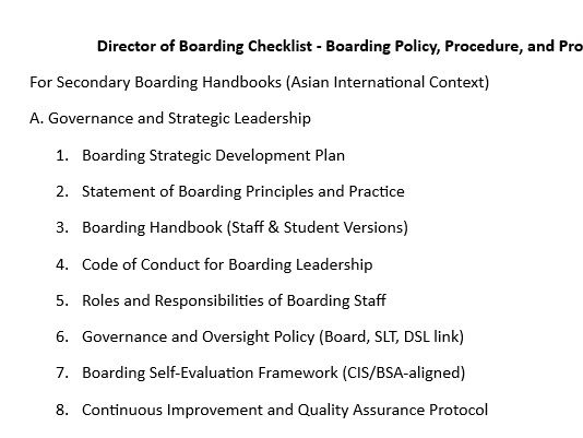 Director of Boarding Checklist - Boarding Policy, Procedure, and Protocol Index