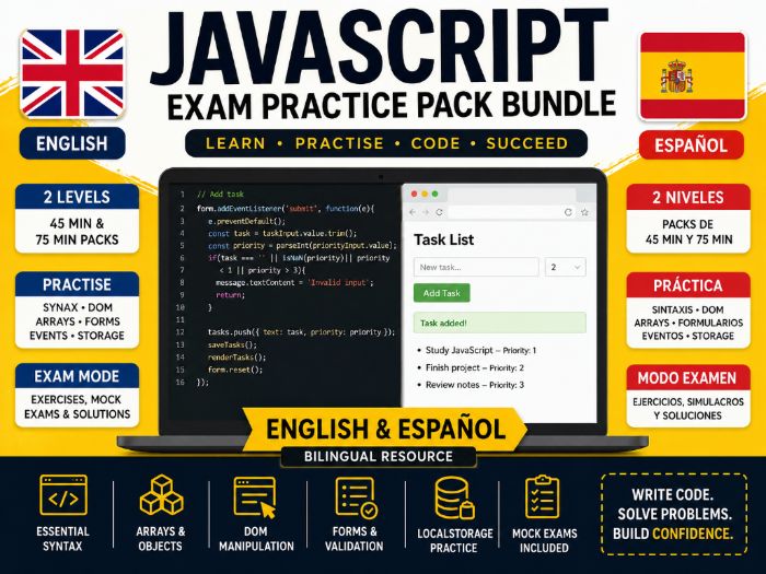 JavaScript Exam Practice Pack Bundle | English & Spanish | DOM, Arrays, Forms & localStorage