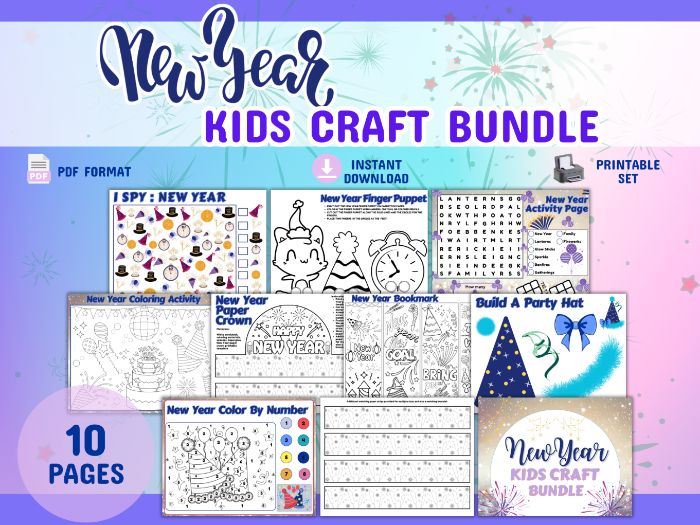 New Year Kids Craft Bundle, Print-and-Go Crafts for Classroom & Homeschool Fun, K-1st Grade