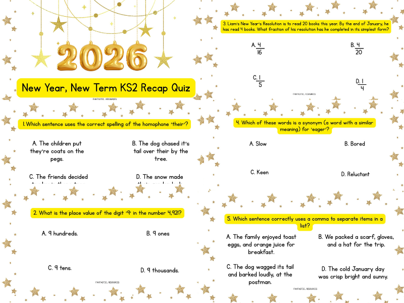 FREE - New Year, New Term! KS2 Core Skills Recap Quiz (Google Slides)