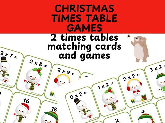 2 times table card games Christmas themed