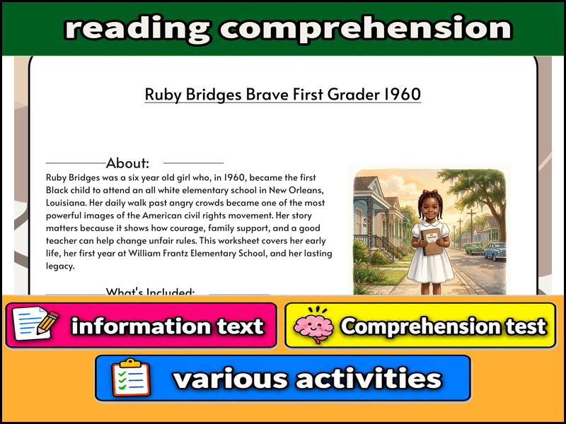 Ruby Bridges Brave First Grader 1960  & Comprehension Test