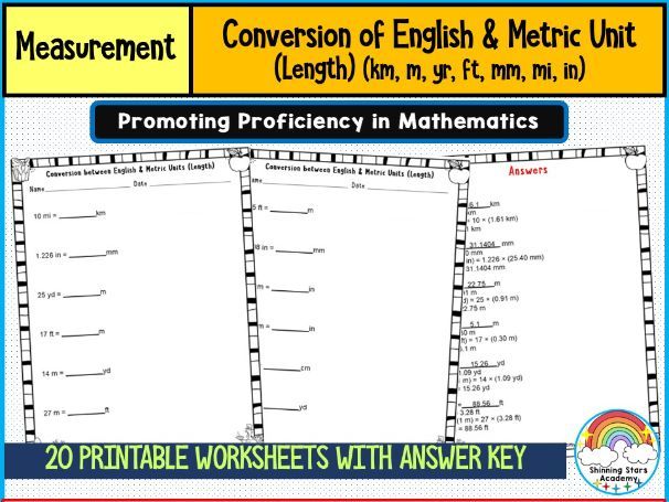 Conversion of English & Metric Unit (Length) (km, m, yd, ft, mm, mi, in) Worksheets | Distance & Mea