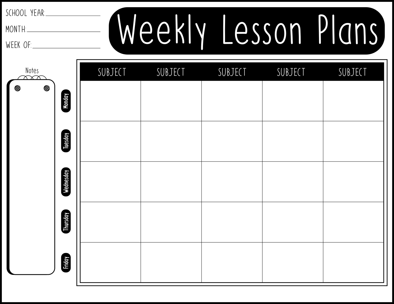 Blank Weekly Lesson Plan Templates - 4 Printable Teacher Planner ...