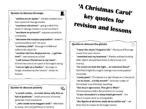 'A Christmas Carol' GCSE Quotation Sheet