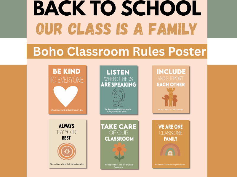 Back to School Boho Classroom Rules Poster | Our Class is a Family | Positive Behaviour & Classroom