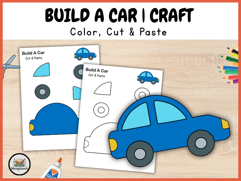 Car Craft for Kids, Vehicle Cut and Paste Activity, Preschool Coloring Worksheet PDF